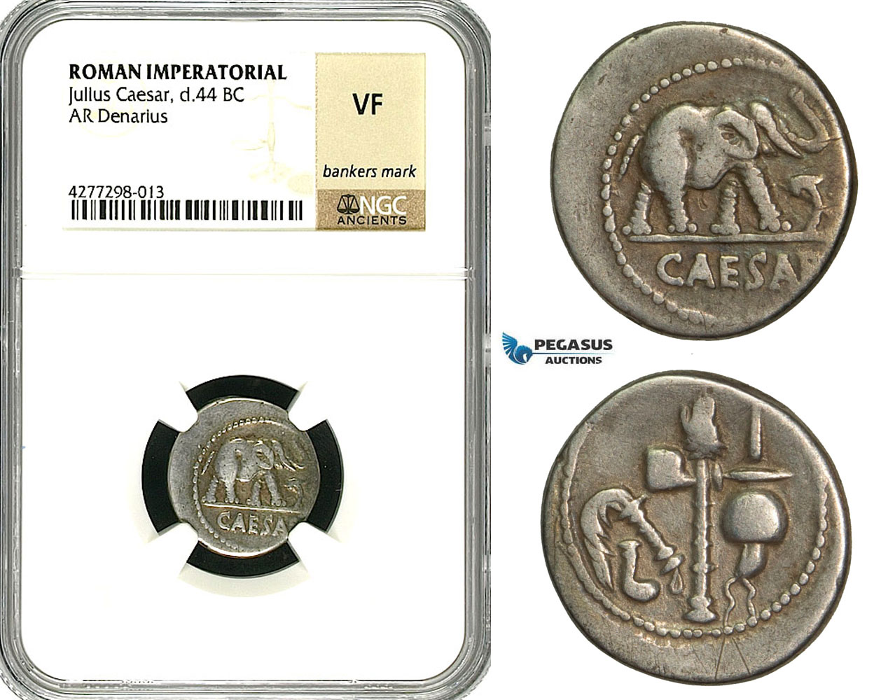 ZC02, Roman Imperatorial, Julius Caesar as Dictator (49-44 BC) AR Denarius (3.49g) Military mint, 49 BC, Elephant, NGC VF