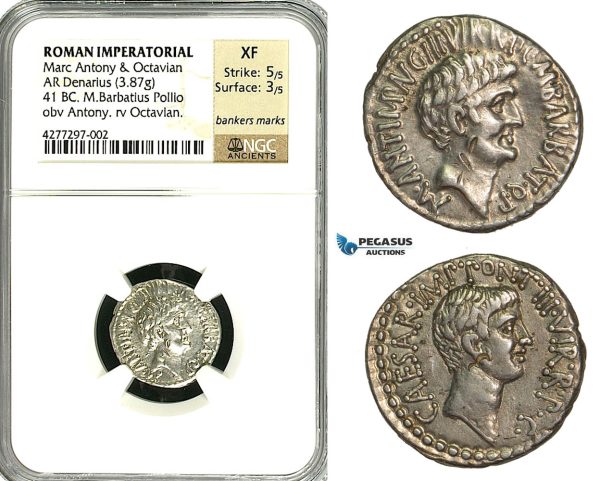 ZC03, Roman Imperatorial, Marcus Antonius and Octavian AR Denarius (3.87g) Ephesus, 41 BC, Octavian, NGC XF