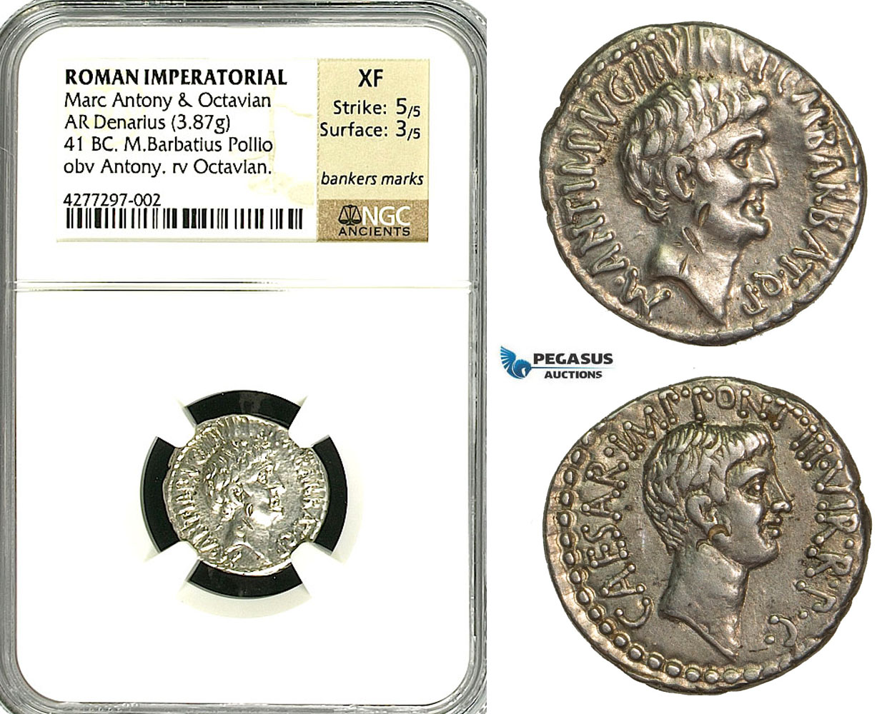 ZC03, Roman Imperatorial, Marcus Antonius and Octavian AR Denarius (3.87g) Ephesus, 41 BC, Octavian, NGC XF