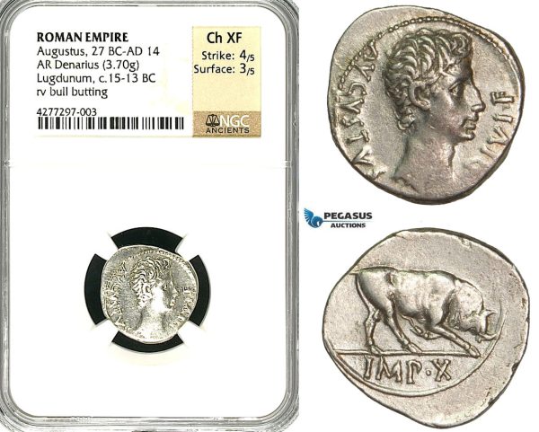 ZC06, Roman Empire, Augustus (27 BC - 14 AD) AR Denarius (3.70g) Lugdunum (Lyon) 15-13 BC, Bull, NGC Ch XF
