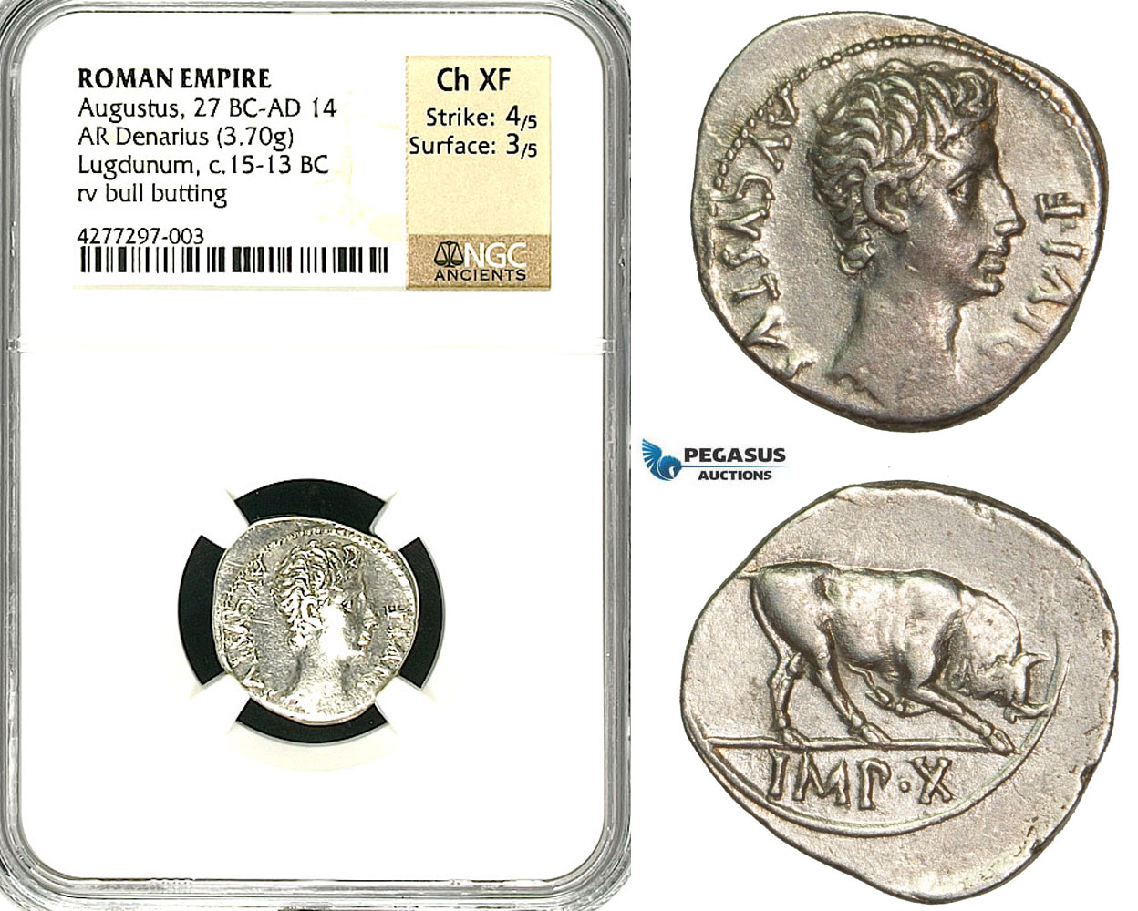 ZC06, Roman Empire, Augustus (27 BC - 14 AD) AR Denarius (3.70g) Lugdunum (Lyon) 15-13 BC, Bull, NGC Ch XF