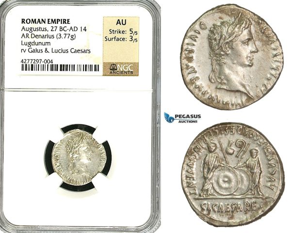 ZC07, Roman Empire, Augustus (27 BC - 14 AD) AR Denarius (3.77g) Lugdunum, 2 BC - 4 AD, Shields, NGC AU