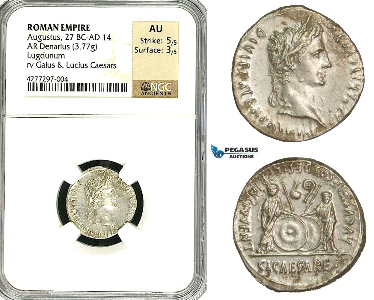 ZC07, Roman Empire, Augustus (27 BC - 14 AD) AR Denarius (3.77g) Lugdunum, 2 BC - 4 AD, Shields, NGC AU