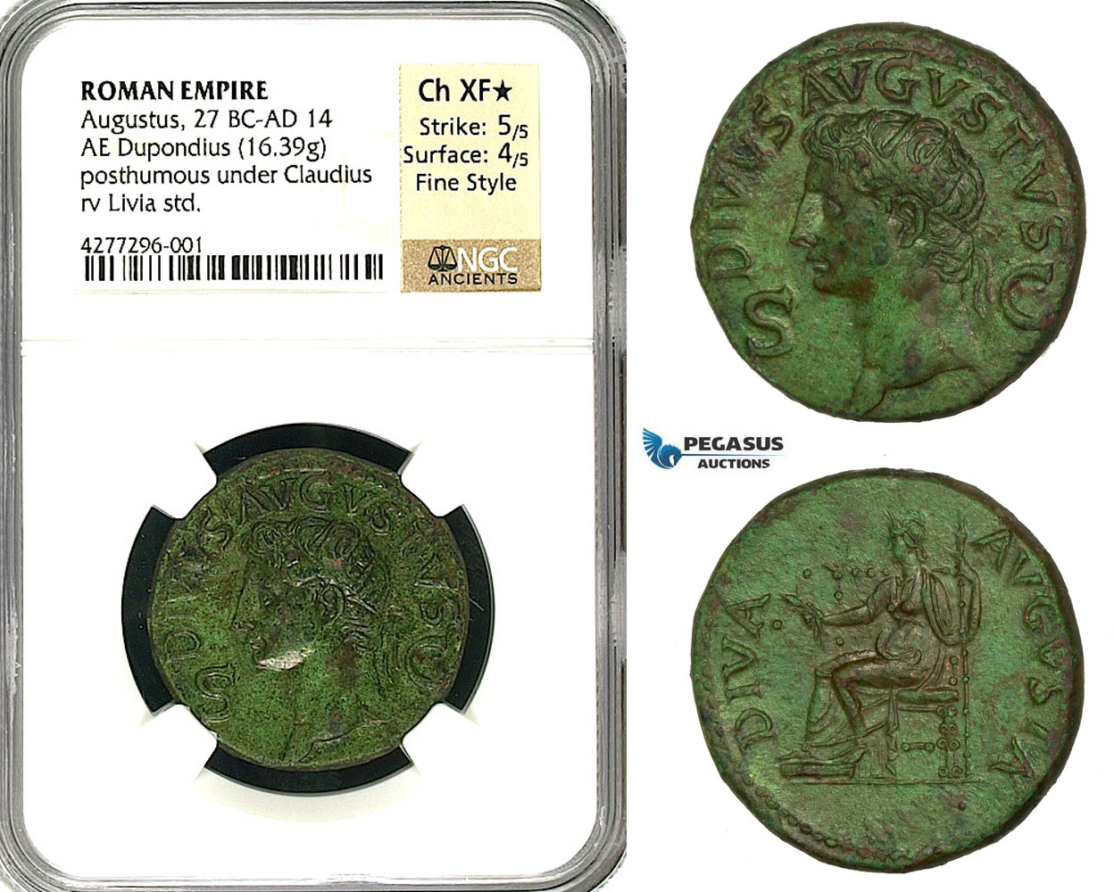 ZC08, Roman Empire, Divus Augustus (d. 14 AD) Æ Dupondius (16.39g) Rome, 42-50 AD (Struck under Claudius) Livia, NGC XF★ Fine Style