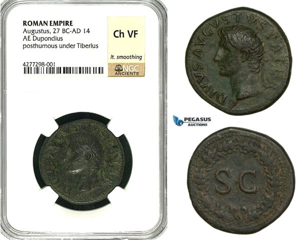 ZC09, Roman Empire, Divus Augustus (d. 14 AD) Æ Dupondius (14.33g) Rome, 22-26 AD (Struck under Tiberius) NGC Ch VF