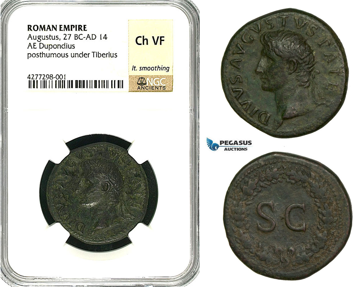 ZC09, Roman Empire, Divus Augustus (d. 14 AD) Æ Dupondius (14.33g) Rome, 22-26 AD (Struck under Tiberius) NGC Ch VF