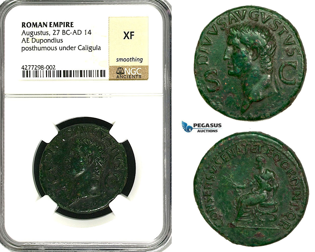 ZC10, Roman Empire, Divus Augustus (d. 14 AD) Æ Dupondius (14.51g) Rome, 37-41 AD (Struck under Caligula) NGC XF
