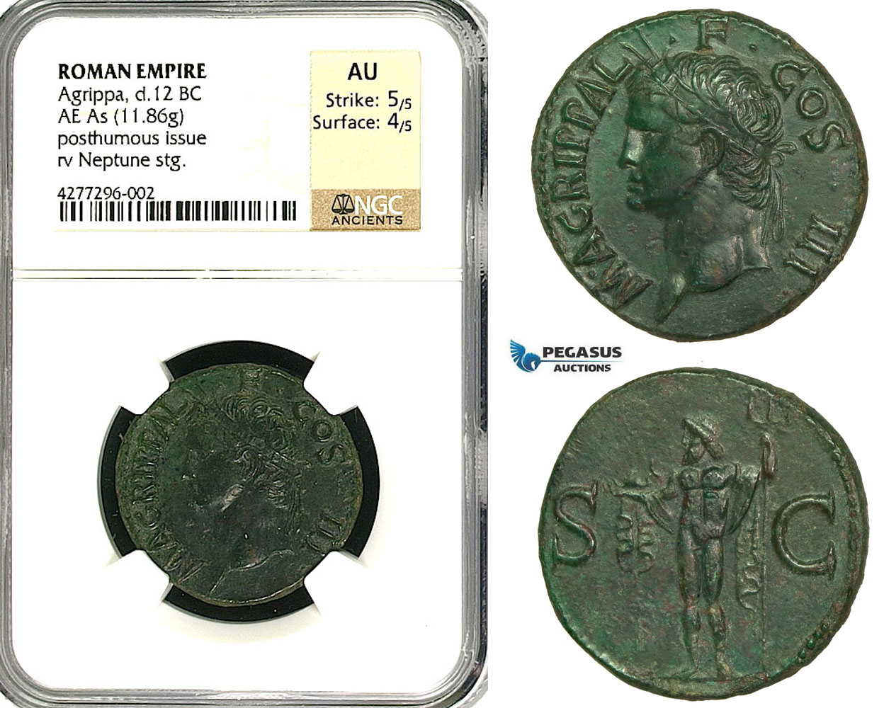 ZC11, Roman Empire, Agrippa (d. 12 BC) Æ As (11.86g) Rome, 37-41 AD (Struck under Caligula) Neptune, Fantastic!, NGC AU