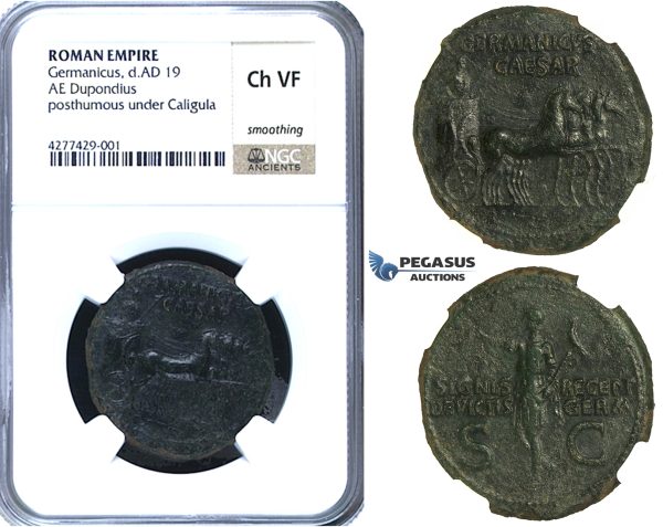 ZC12, Roman Empire, Germanicus (d. 19 AD) Æ Dupondius, Rome, 37-41 AD, Quadriga, NGC Ch VF
