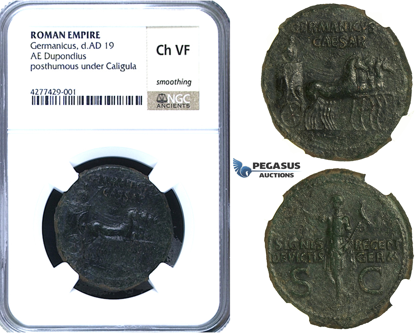 ZC12, Roman Empire, Germanicus (d. 19 AD) Æ Dupondius, Rome, 37-41 AD, Quadriga, NGC Ch VF