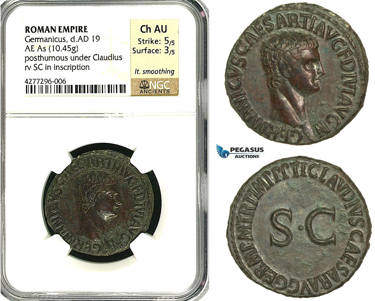 ZC13, Roman Empire, Germanicus  (d. 19 AD) Æ As (10.45g) Rome, (struck under Claudius) 42-54 AD, Superb! NGC Ch AU
