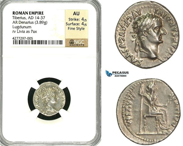 ZC14, Roman Empire, Tiberius (14-37 AD) AR Denarius "Tribute Penny" (3.89g) Lugdunum (Lyon), 18-35 AD, Pax, NGC AU, Fine Style
