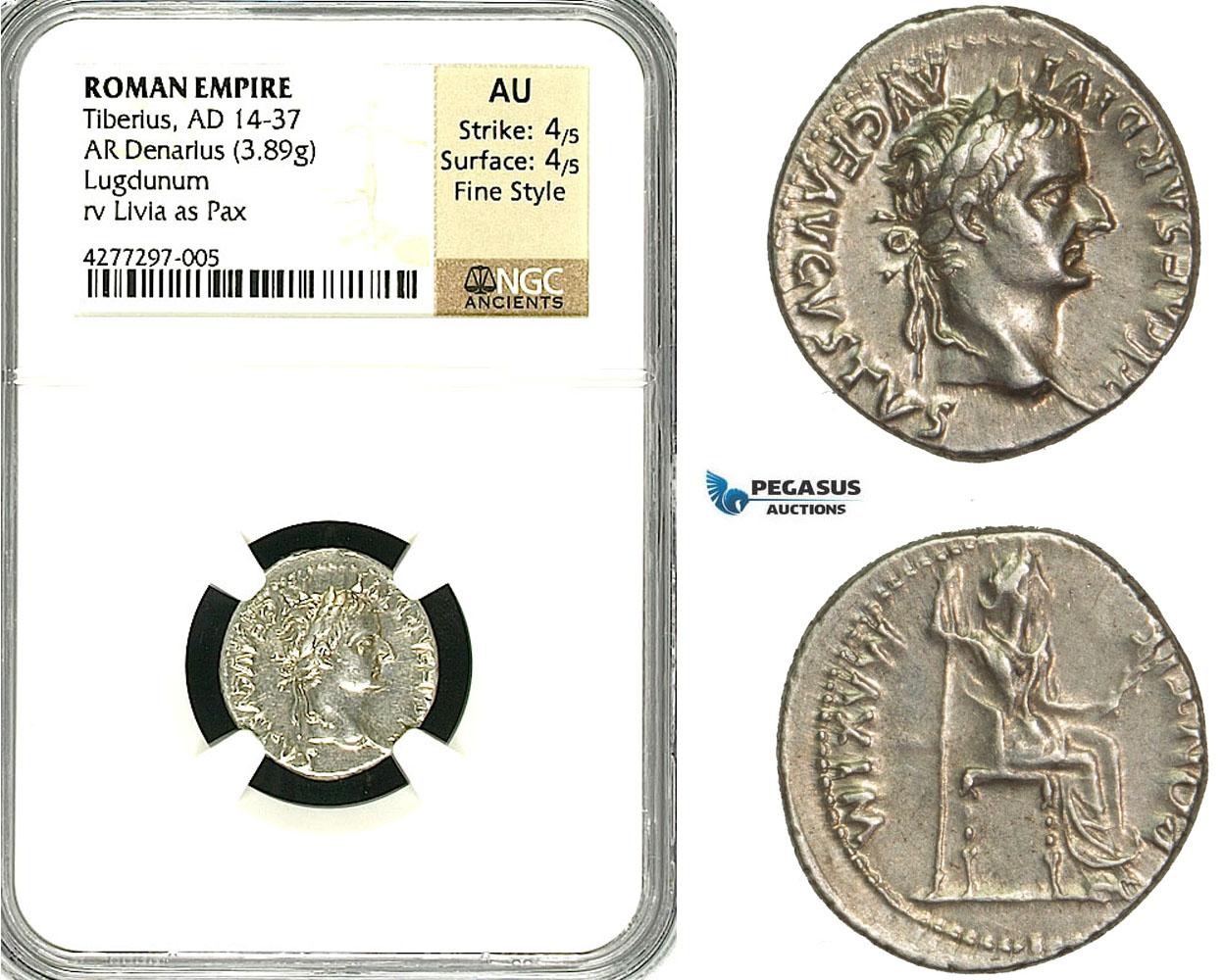 ZC14, Roman Empire, Tiberius (14-37 AD) AR Denarius "Tribute Penny" (3.89g) Lugdunum (Lyon), 18-35 AD, Pax, NGC AU, Fine Style