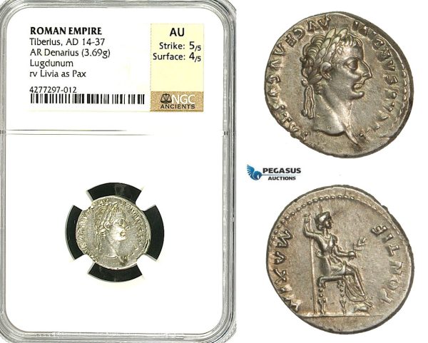 ZC15, Roman Empire, Tiberius (14-37 AD) AR Denarius "Tribute Penny" (3.69g) Lugdunum (Lyon), 18-35 AD, Pax, NGC AU