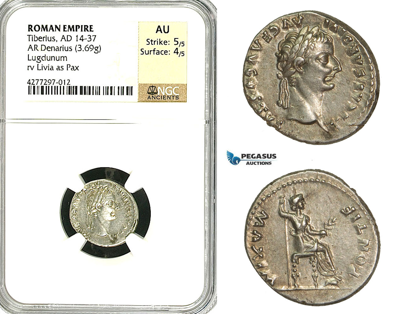 ZC15, Roman Empire, Tiberius (14-37 AD) AR Denarius "Tribute Penny" (3.69g) Lugdunum (Lyon), 18-35 AD, Pax, NGC AU