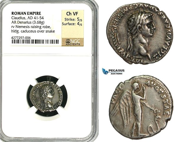 ZC16, Roman Empire, Claudius (41-54 AD) AR Denarius (3.68g) Rome, 46-47 AD, Pax-Nemesis, Rare! NGC Ch VF