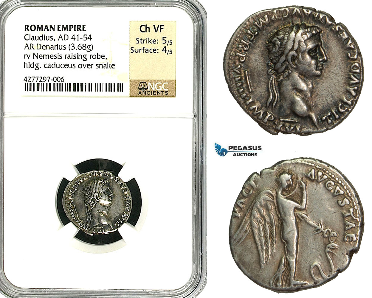 ZC16, Roman Empire, Claudius (41-54 AD) AR Denarius (3.68g) Rome, 46-47 AD, Pax-Nemesis, Rare! NGC Ch VF