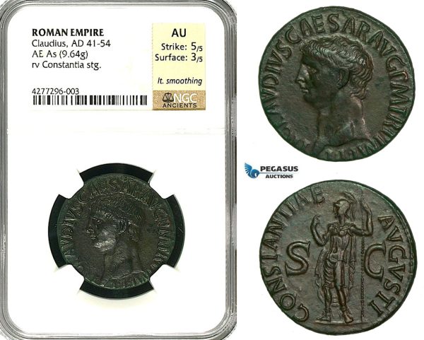 ZC17, Roman Empire, Claudius (41-54 AD) Æ AS (9.64g) Rome, 50-54 AD, Constantia, NGC AU