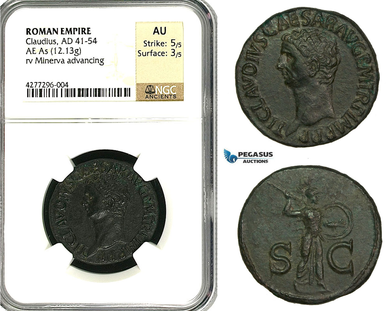 ZC18, Roman Empire, Claudius (41-54 AD) Æ As (12.13g) Rome, 50-54 AD, Minerva, NGC AU