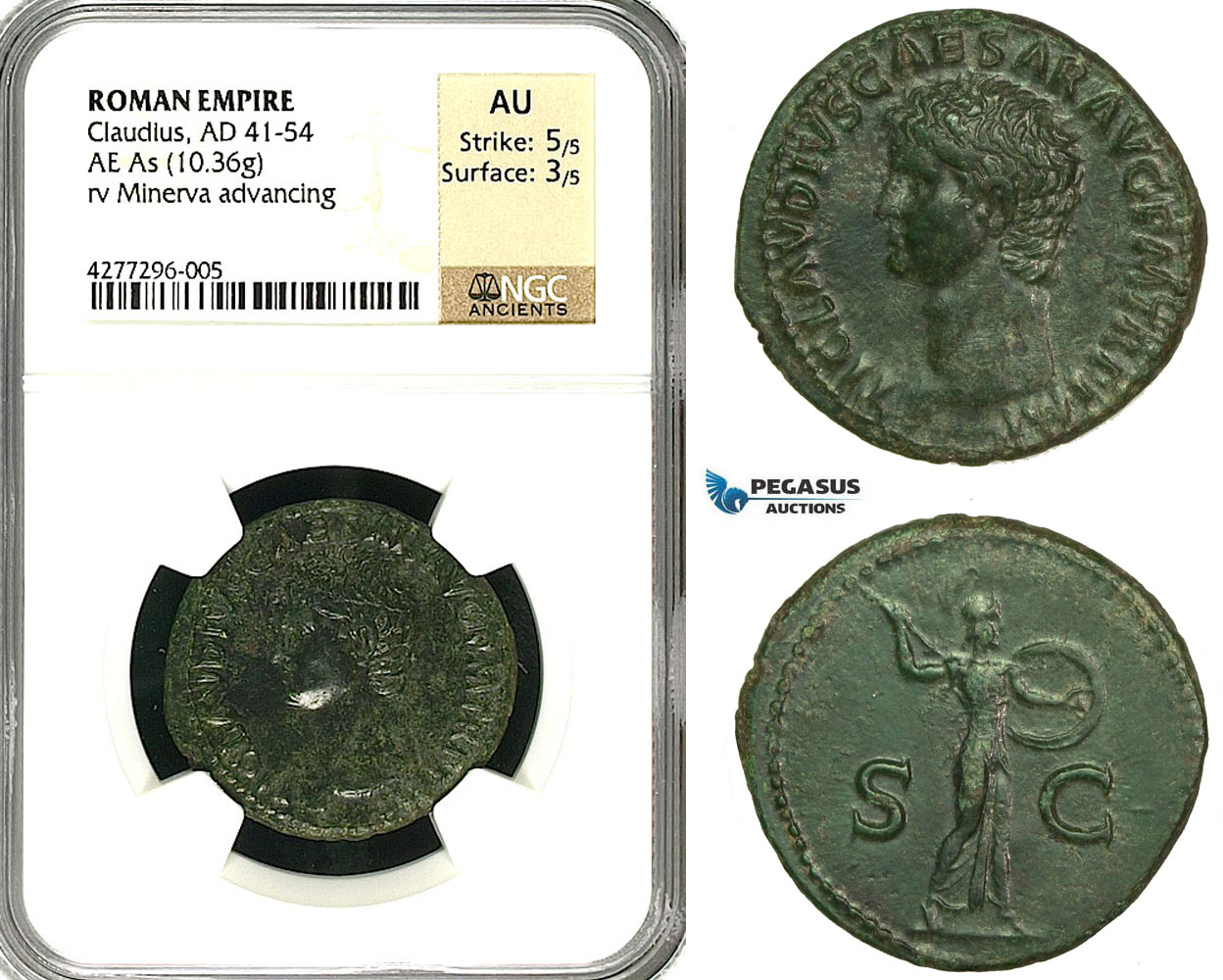 ZC19, Roman Empire, Claudius (41-54 AD) Æ As (10.36g) Rome, 50-54 AD, Minerva, NGC AU