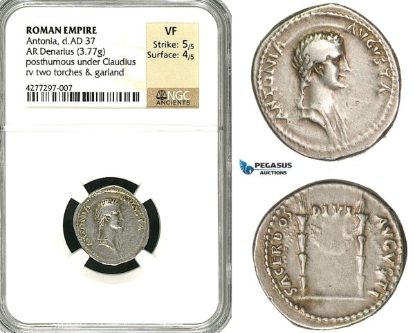 ZC20, Roman Empire, Antonia, mother of Claudius, AR Denarius (3.77g) struck under Claudius, Rome, 41-45 AD, NGC VF
