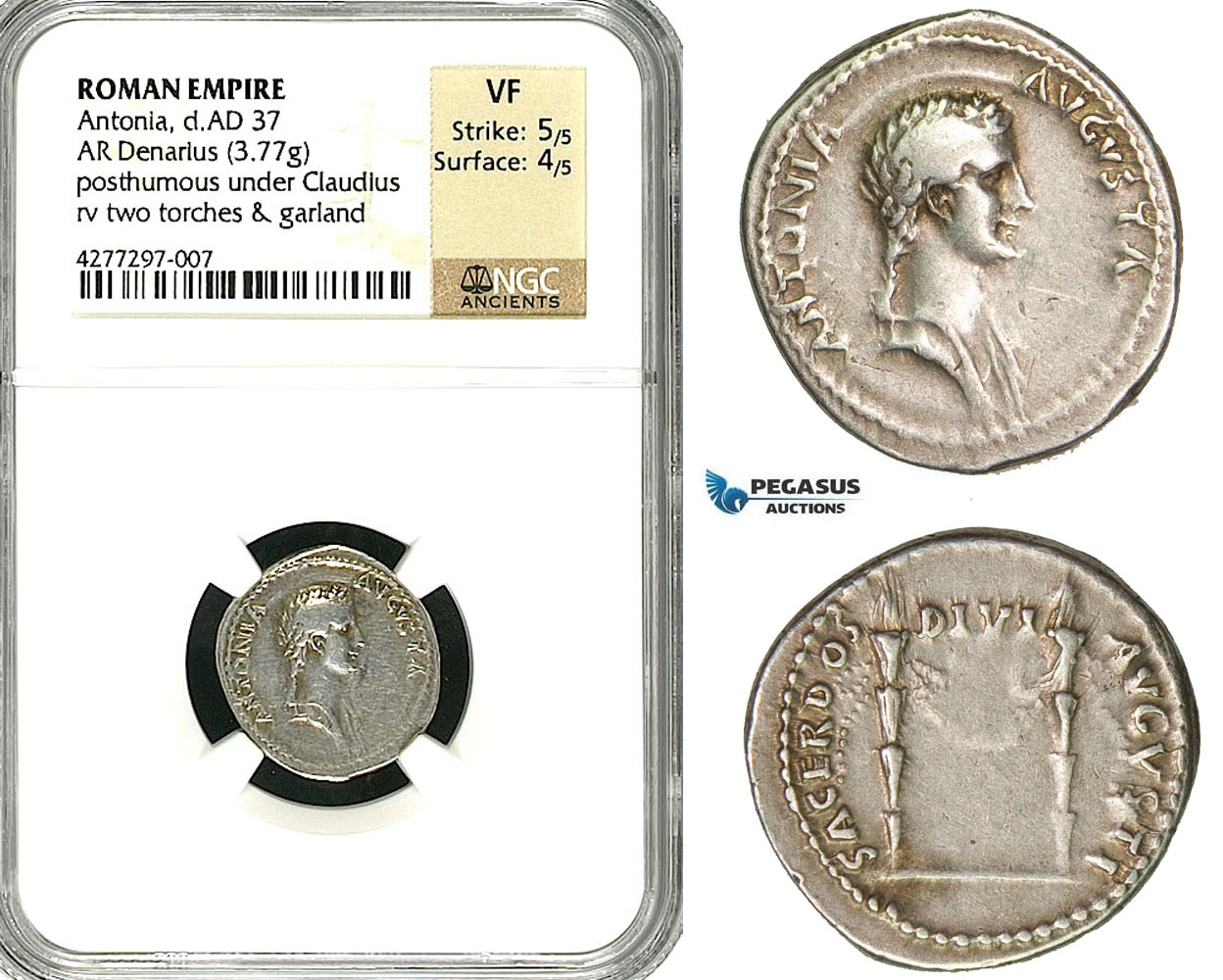 ZC20, Roman Empire, Antonia, mother of Claudius, AR Denarius (3.77g) struck under Claudius, Rome, 41-45 AD, NGC VF