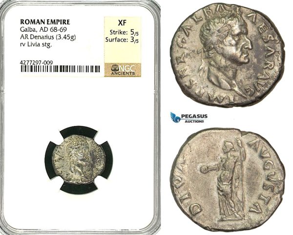 ZC22, Roman Empire, Galba (68-69 AD), AR Denarius (3.45g) Rome, Livia, Rare! NGC XF