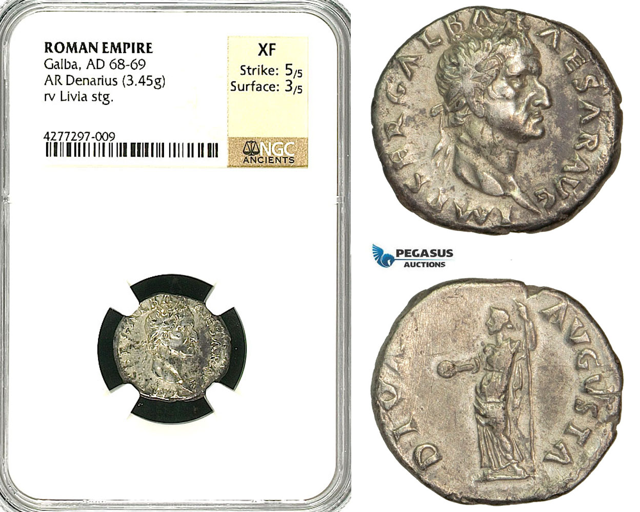 ZC22, Roman Empire, Galba (68-69 AD), AR Denarius (3.45g) Rome, Livia, Rare! NGC XF