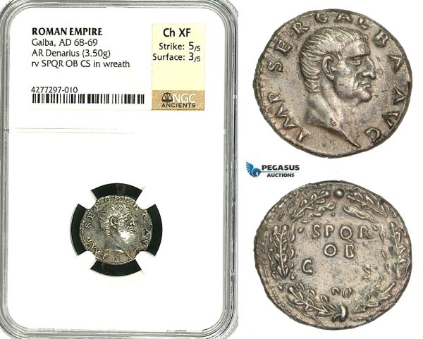 ZC23, Roman Empire, Galba (68-69 AD), AR Denarius (3.50g) Rome, SPQR, Rare! NGC Ch XF