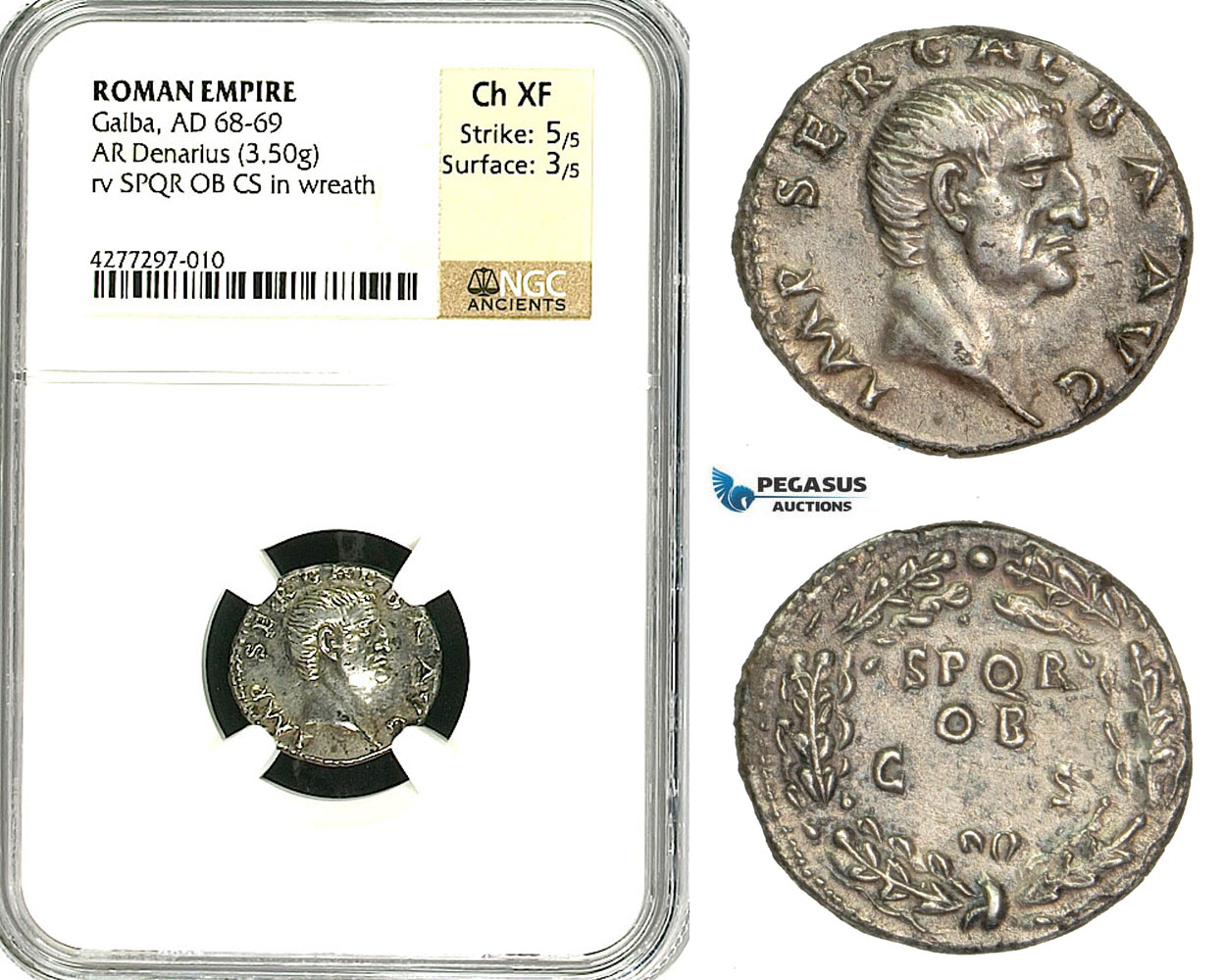 ZC23, Roman Empire, Galba (68-69 AD), AR Denarius (3.50g) Rome, SPQR, Rare! NGC Ch XF
