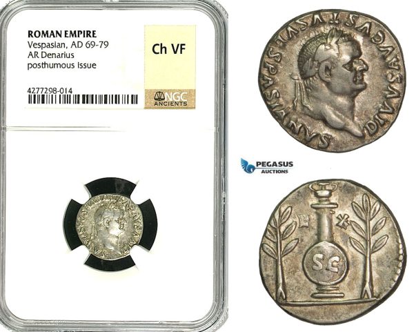 ZC25, Roman Empire, Divus Vespasian  (69-79 AD), AR Denarius (3.43g)  Rome, 80-81 AD (Struck under Titus) Urn, NGC Ch VF
