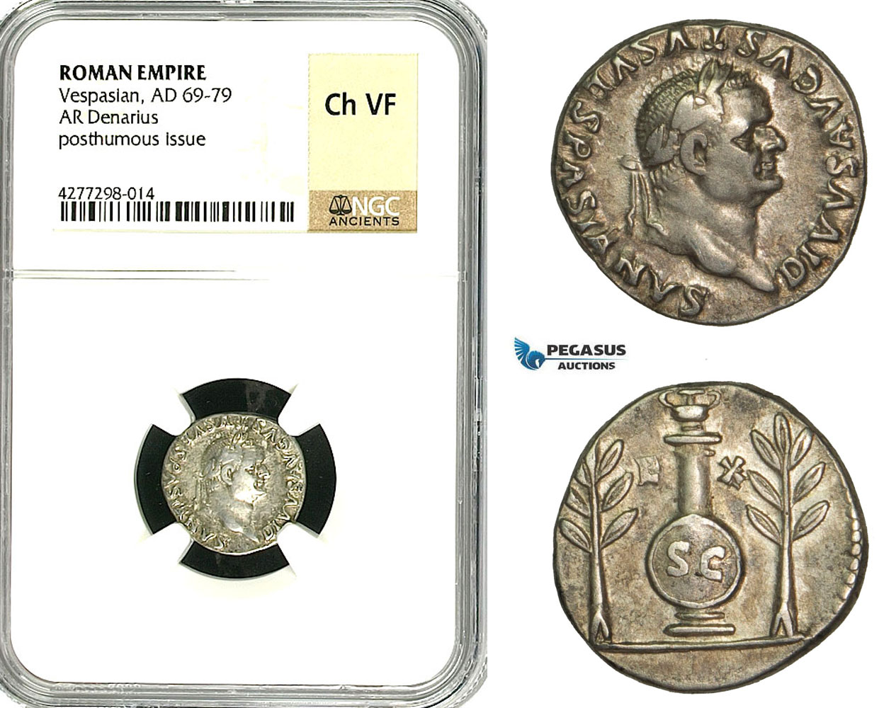 ZC25, Roman Empire, Divus Vespasian  (69-79 AD), AR Denarius (3.43g)  Rome, 80-81 AD (Struck under Titus) Urn, NGC Ch VF