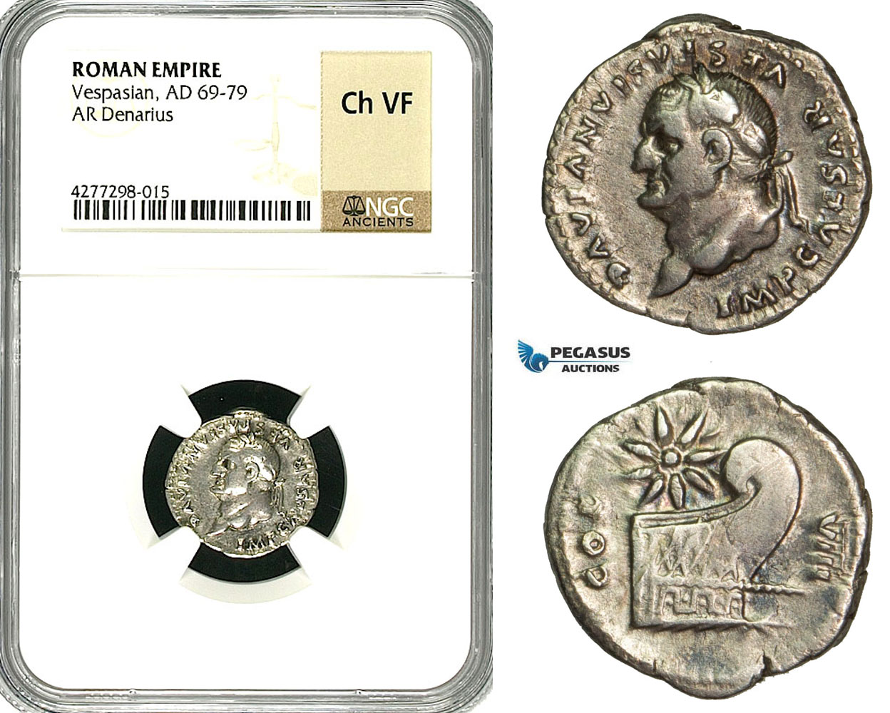 ZC26, Roman Empire, Vespasian (69-79 AD), AR Denarius (3.05g) Rome, 77-80 AD, Prow, NGC Ch VF