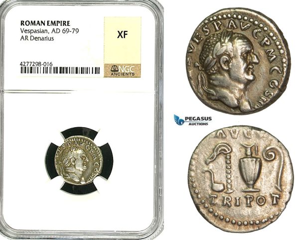 ZC27, Roman Empire, Vespasian  (69-79 AD), AR Denarius (3.21g) Rome, 72-73 AD, Sacrificial implements, Patina! NGC XF