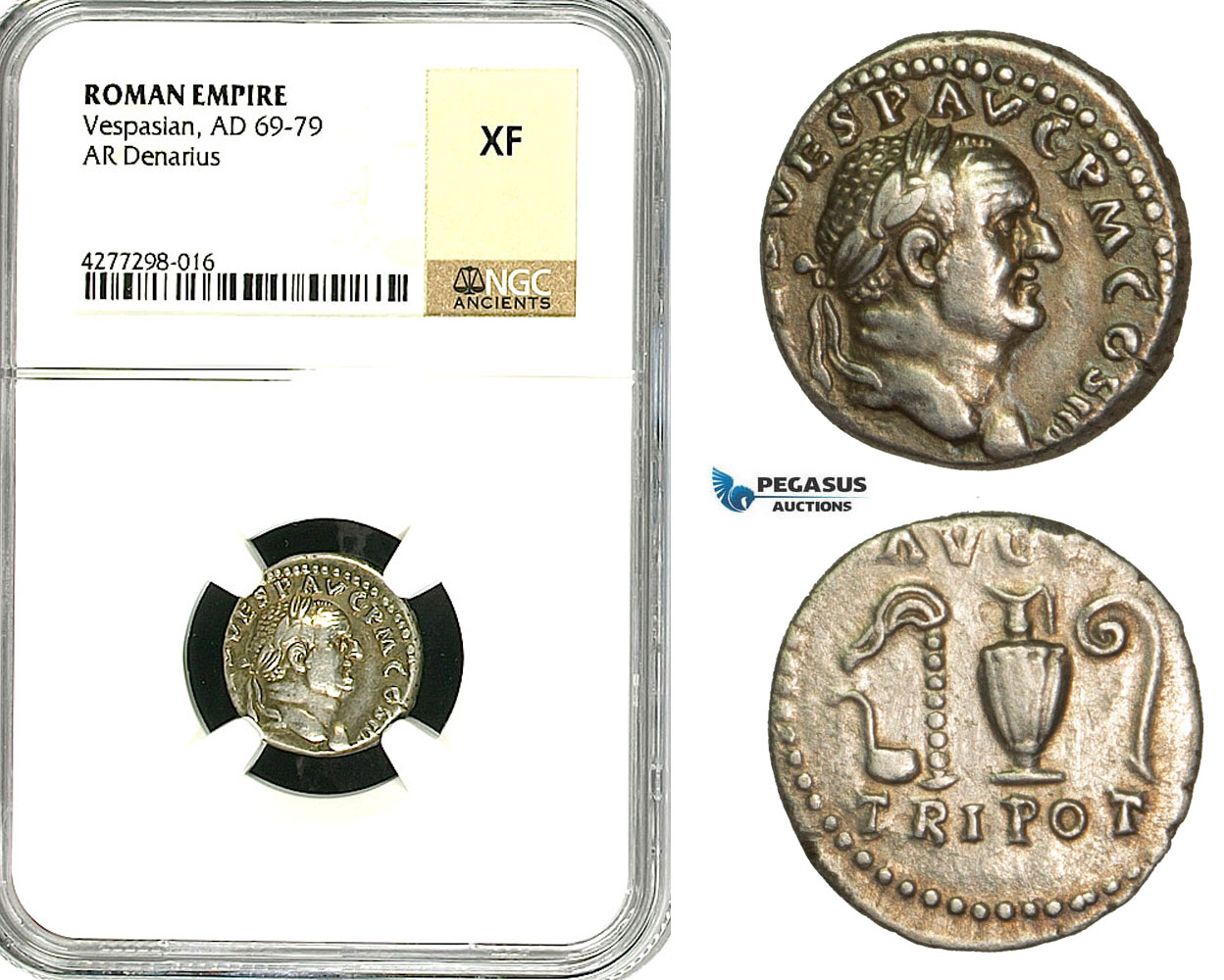 ZC27, Roman Empire, Vespasian  (69-79 AD), AR Denarius (3.21g) Rome, 72-73 AD, Sacrificial implements, Patina! NGC XF