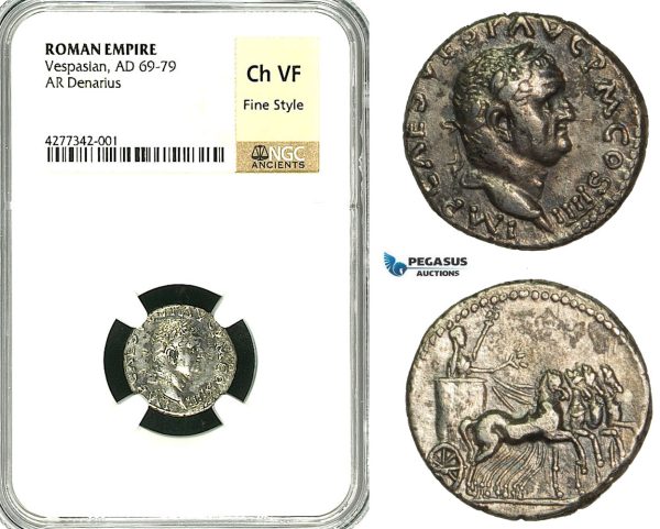ZC28, Roman Empire, Vespasian  (69-79 AD), AR Denarius (3.20g) Antioch, 72-73 AD, Quadriga, NGC Ch VF, Fine Style