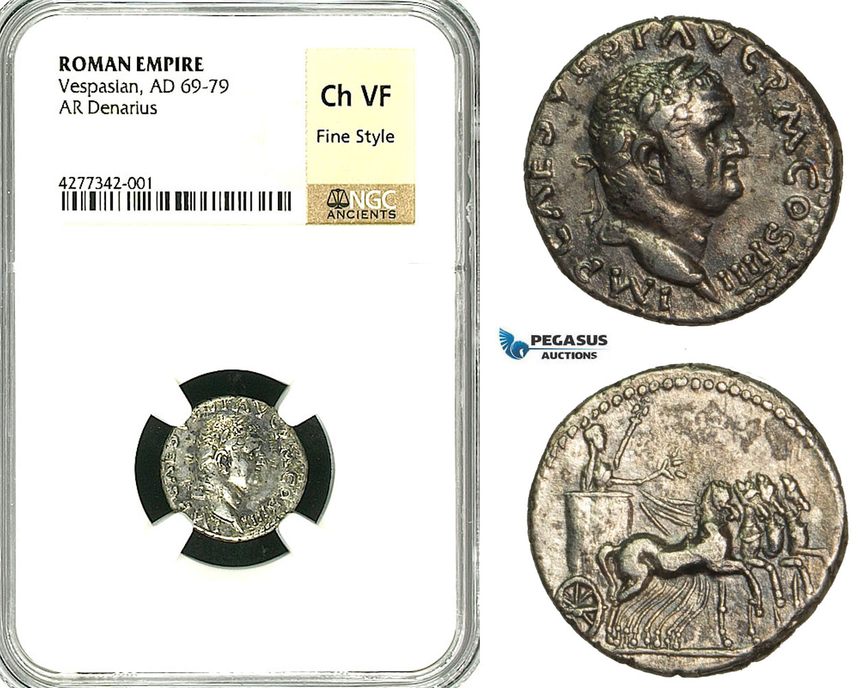 ZC28, Roman Empire, Vespasian  (69-79 AD), AR Denarius (3.20g) Antioch, 72-73 AD, Quadriga, NGC Ch VF, Fine Style