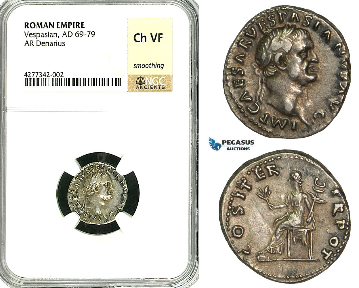 ZC29, Roman Empire, Vespasian (69-79 AD), AR Denarius (3.22g) Rome, 70 AD, Pax, NGC Ch VF