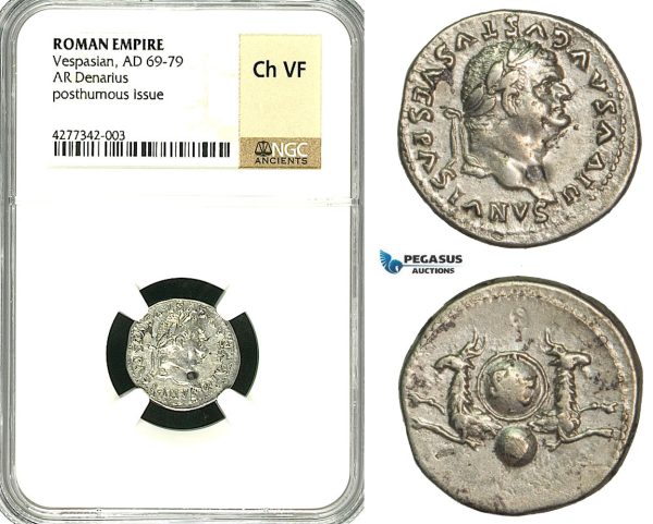 ZC30, Roman Empire, Divus Vespasian  (69-79 AD), AR Denarius (3.09g) Struck under Titus, Rome, 80-81 AD, Capricorns, NGC Ch VF