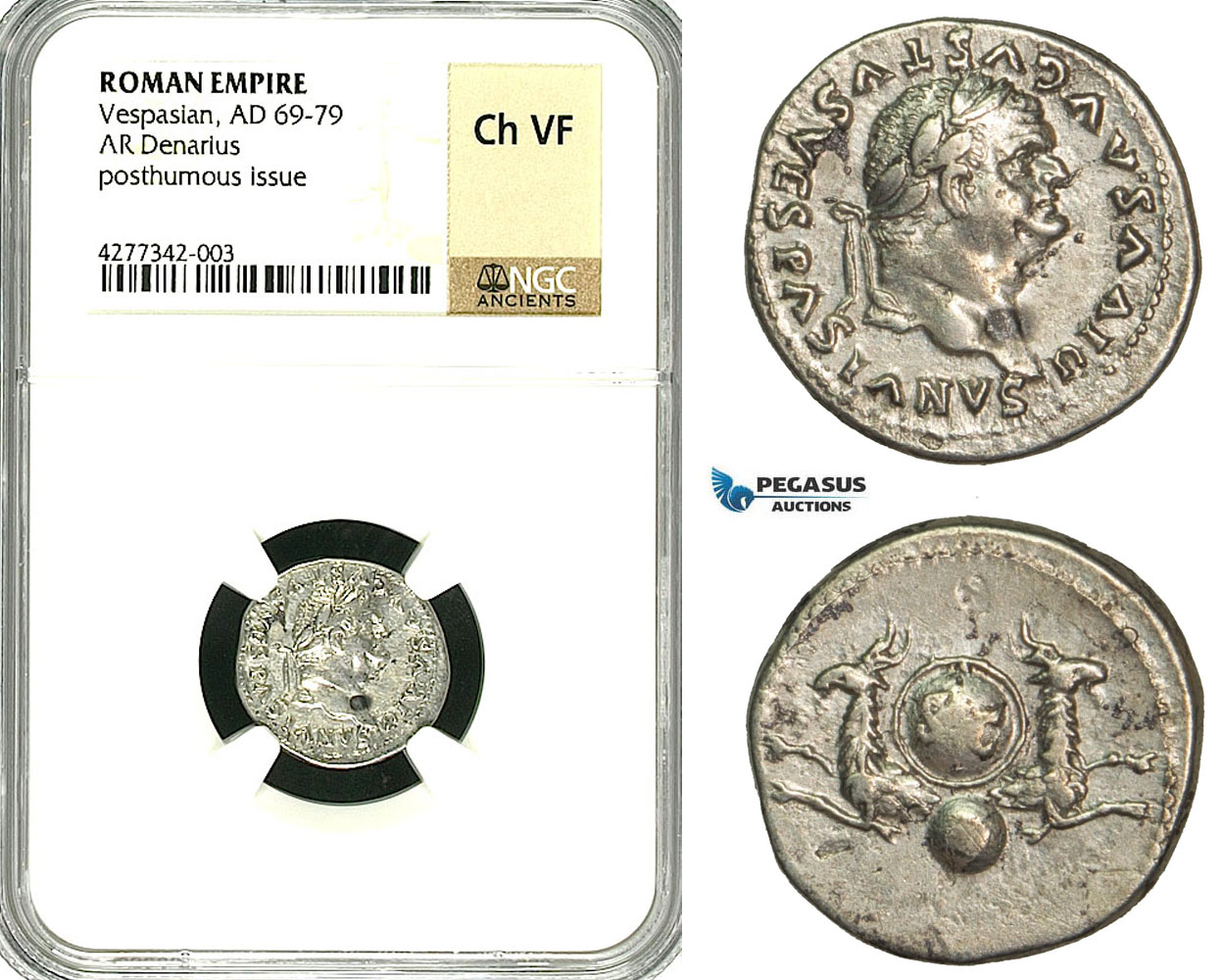 ZC30, Roman Empire, Divus Vespasian  (69-79 AD), AR Denarius (3.09g) Struck under Titus, Rome, 80-81 AD, Capricorns, NGC Ch VF