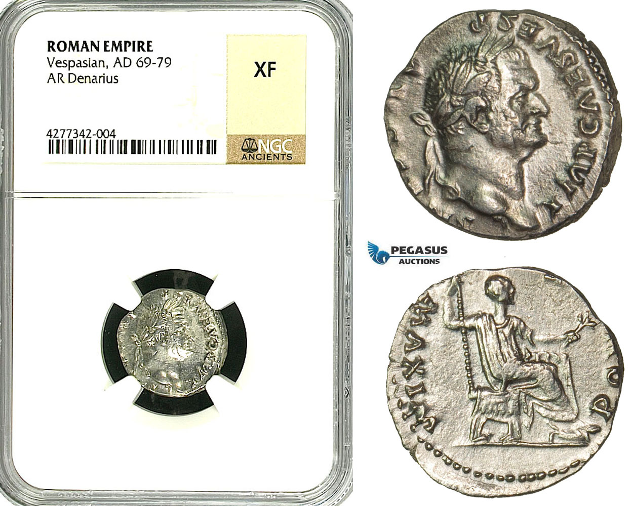 ZC31, Roman Empire, Vespasian (69-79 AD), AR Denarius (3.33g) Rome, 73 AD, NGC XF