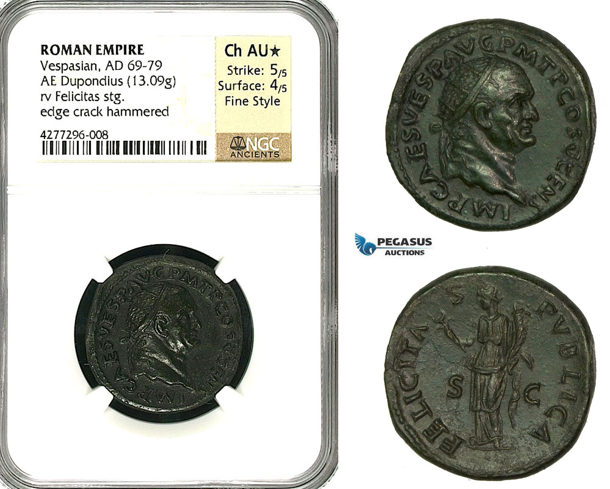 ZC33, Roman Empire, Vespasian (69-79 AD) Æ Dupondius (13.09g) Rome, 74 AD, Felicitas, Fantastic!  NGC AU★, Fine Style