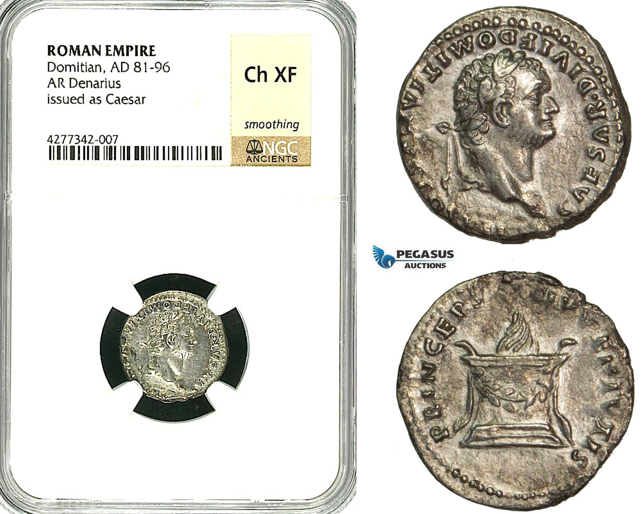 ZC36, Roman Empire, Domitian (81-96 AD), AR Denarius (2.95g) Rome, Struck under Titus, Altar, NGC Ch XF
