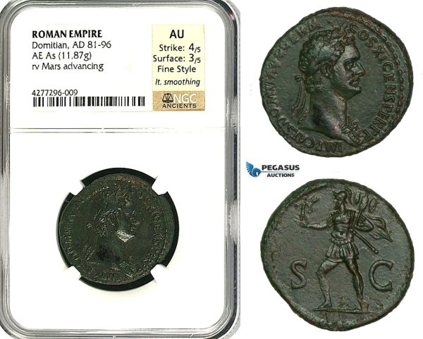 ZC39, Roman Empire, Domitian (81-96 AD) Æ As (11.87g) Rome, 85 AD, Mars, NGC AU, Fine Style
