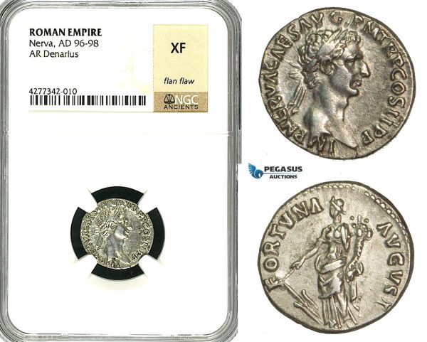 ZC41, Roman Empire, Nerva (96-98 AD), AR Denarius (3.44g) Rome, 96 AD, Fortuna, NGC XF