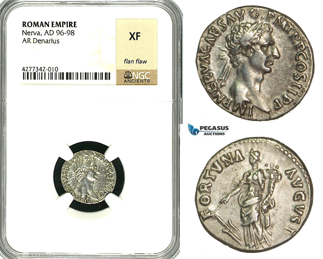 ZC41, Roman Empire, Nerva (96-98 AD), AR Denarius (3.44g) Rome, 96 AD, Fortuna, NGC XF