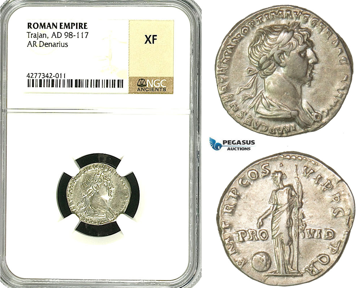 ZC42, Roman Empire, Trajan (98-117AD), AR Denarius (3.60g) Rome, 116 AD, Providentia, NGC XF