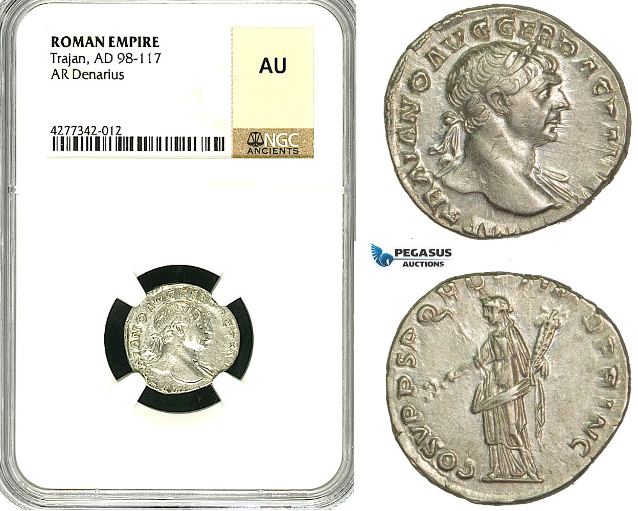 ZC43, Roman Empire, Trajan (98-117 AD), AR Denarius (3.45g) Rome, 108-109 AD, Felicitas, NGC AU
