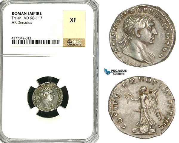 ZC44, Roman Empire, Trajan (98-117 AD), AR Denarius (3.51g) Rome, 103-111 AD, Victory, NGC XF