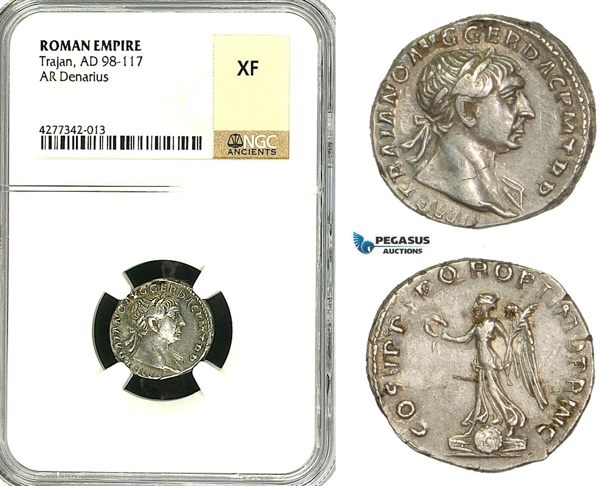 ZC44, Roman Empire, Trajan (98-117 AD), AR Denarius (3.51g) Rome, 103-111 AD, Victory, NGC XF